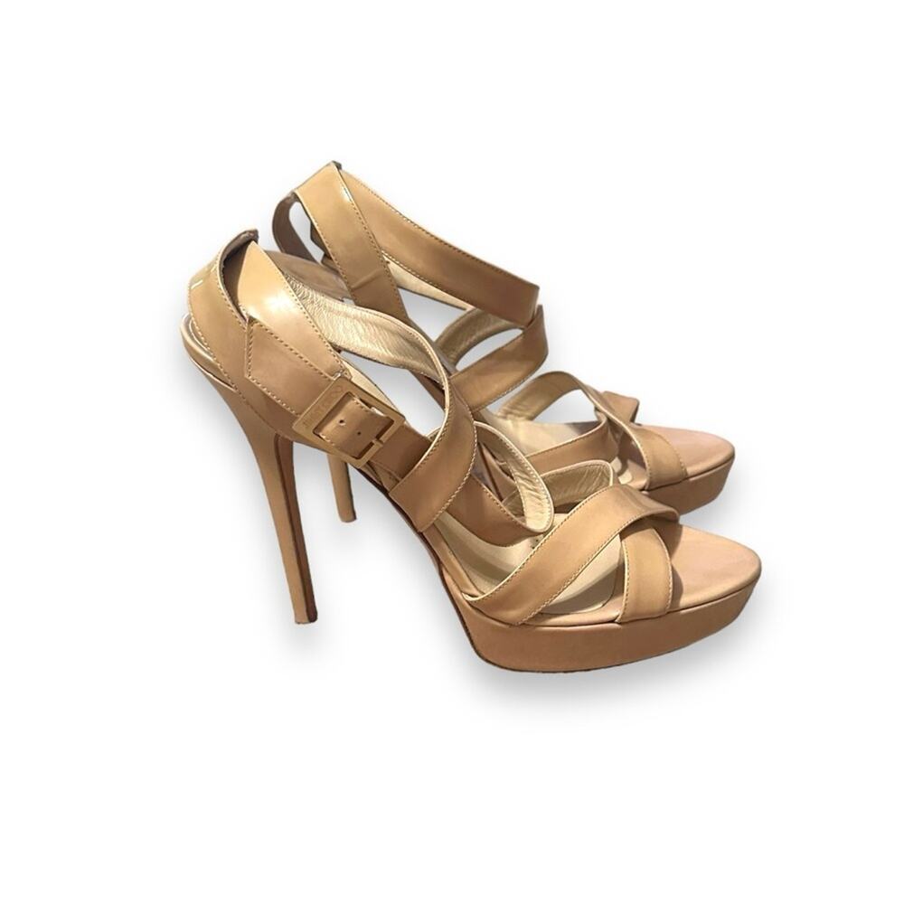 Jimmy Choo Beige Patent Leather Vamp Sandals Stiletto Heels Sz 38.5